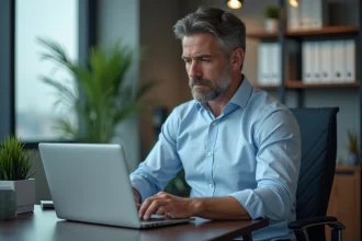 Homme d'âge moyen travaillant concentré sur son ordinateur dans un bureau moderne