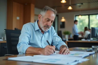 Homme d'âge moyen au bureau concentré sur ses papiers