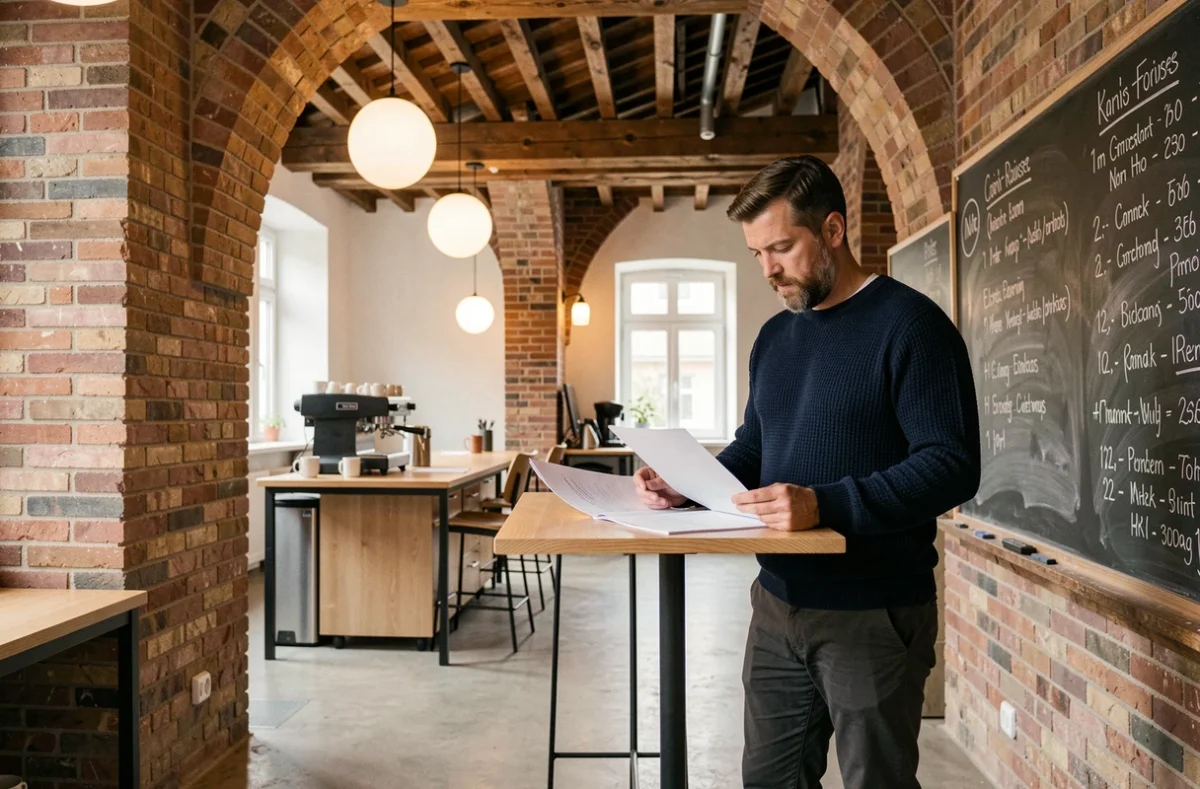 Homme en pull marine debout à un bureau standing dans un loft de coworking sous des poutres apparentes à Lyon