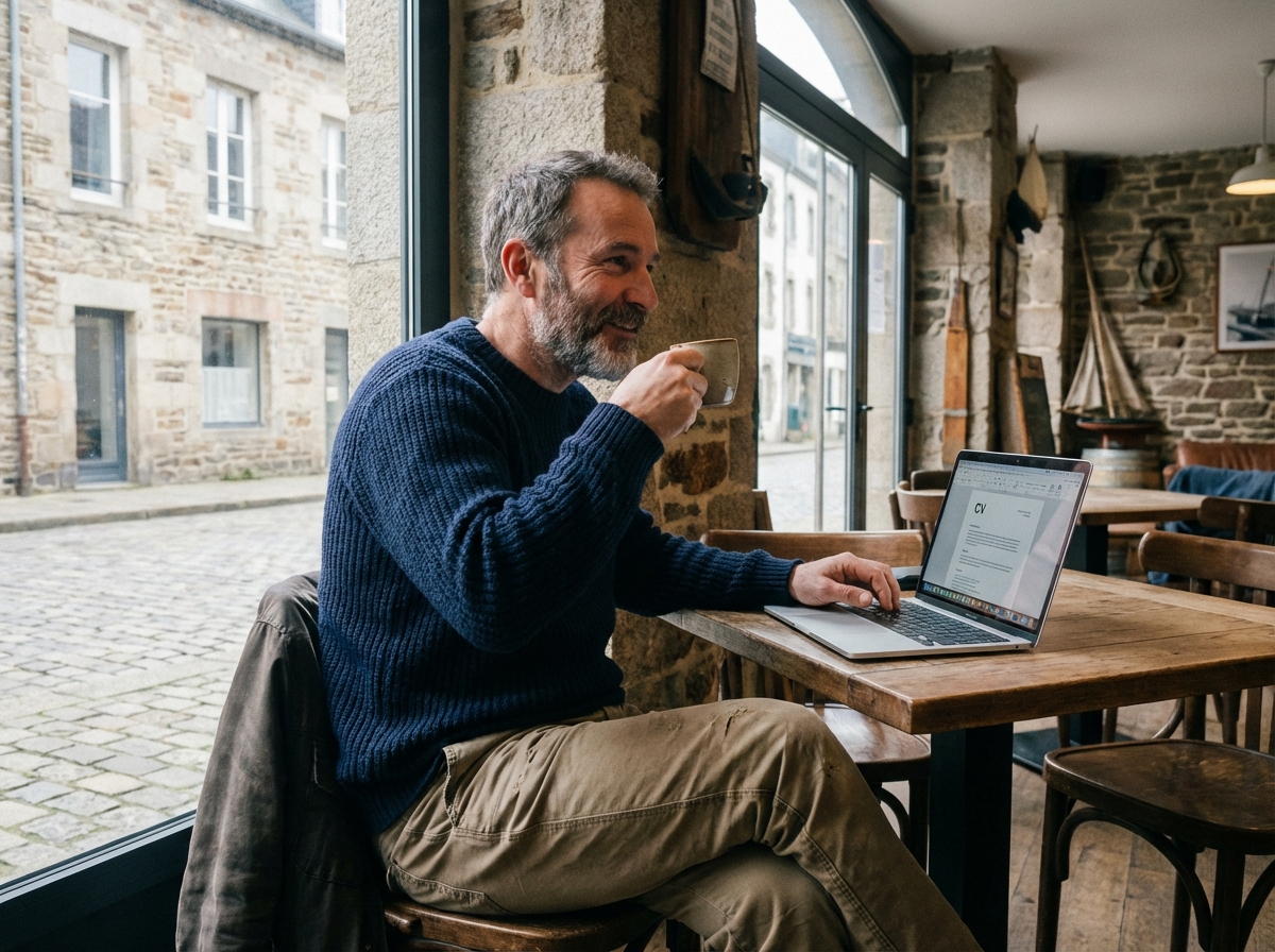 Homme au café à Brest mettant à jour son CV