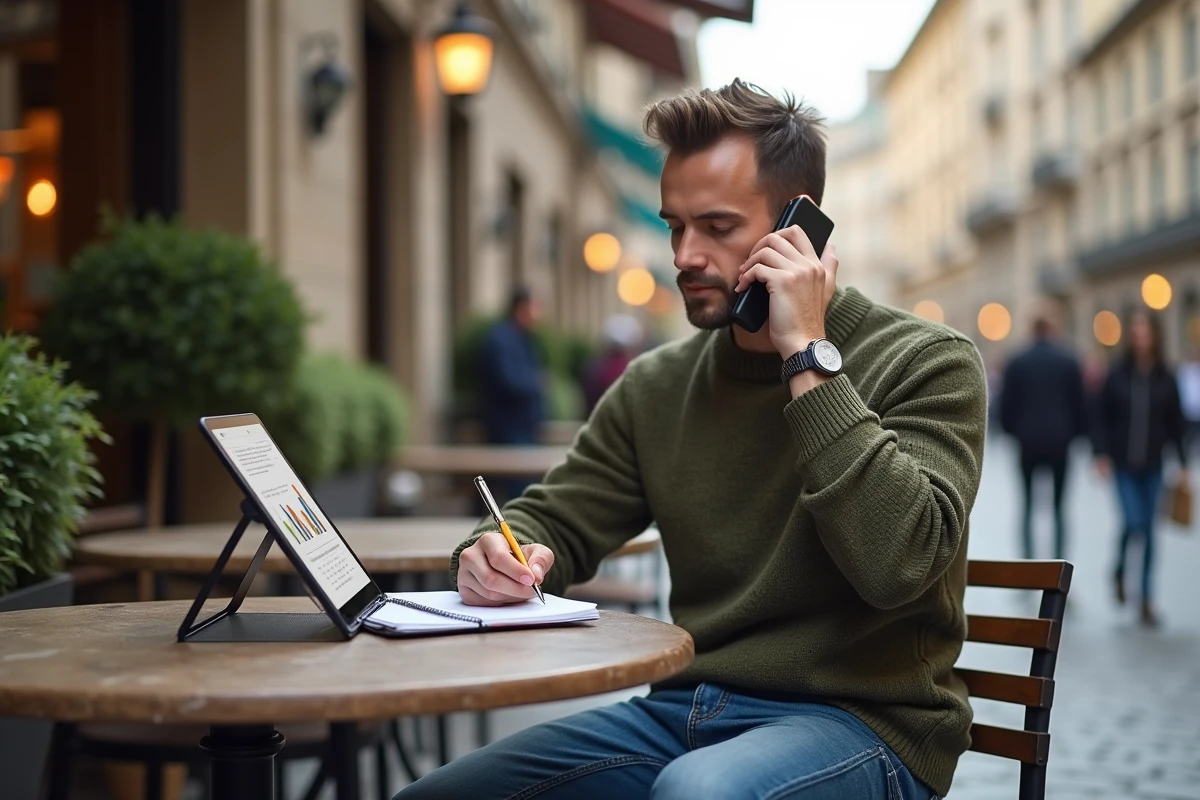 Homme parlant au téléphone dans un café en ville