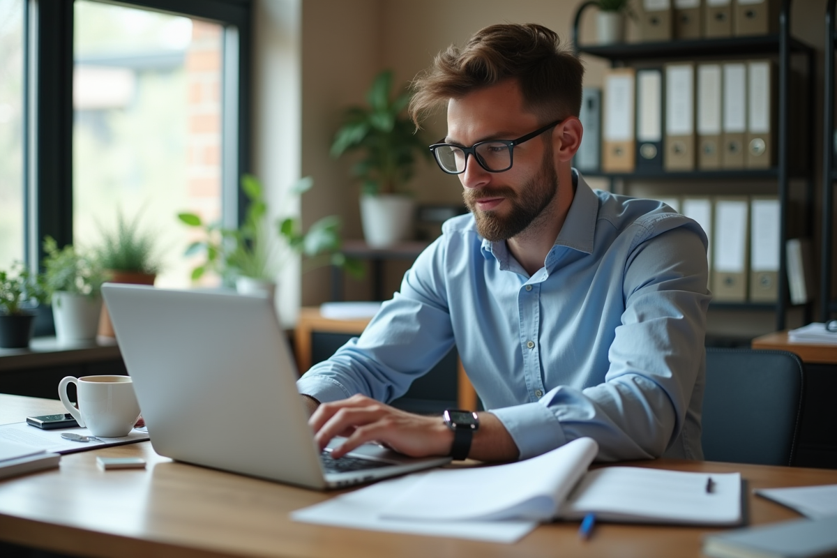 Homme comptable examinant des formulaires Urssaf avec un café