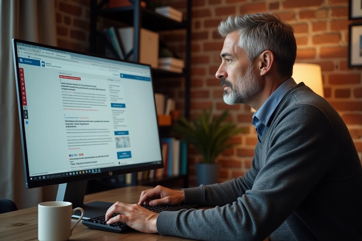Homme consultant son fil LinkedIn avec titres en gras et boutons call-to-action sur un grand &eacute;cran dans un bureau &agrave; domicile