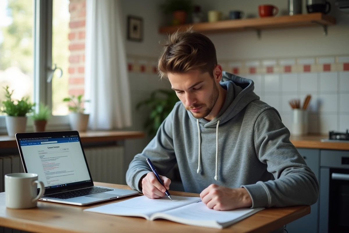 Homme en situation de recherche d'emploi remplissant un formulaire administratif lié au RSA et à France Travail