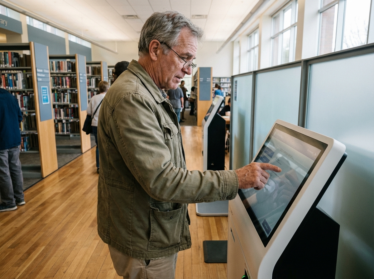 Homme &acirc;g&eacute; utilisant un kiosque num&eacute;rique dans une biblioth&egrave;que