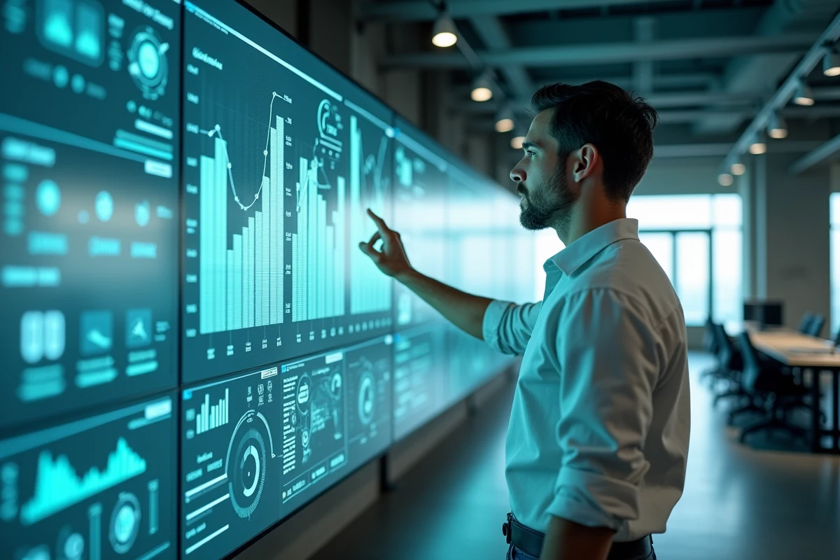 Homme debout devant un mur interactif affichant des données numériques et des schémas de connectivité, symbolisant la définition de la digitalisation