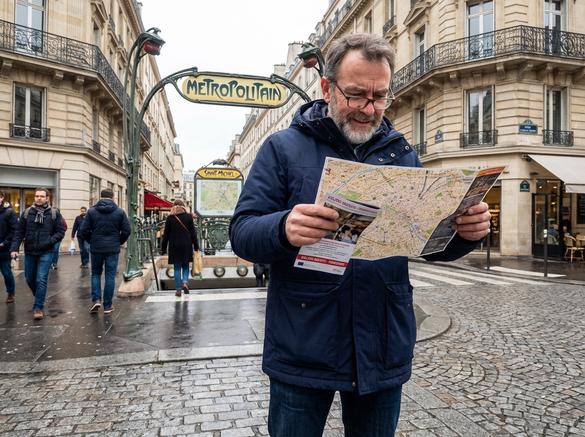 Homme à Paris regardant une carte dans la rue