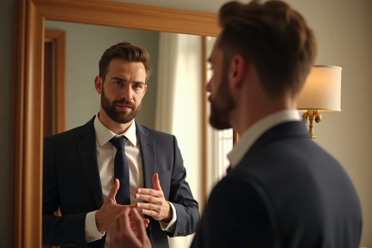 Homme en costume pratiquant son discours devant un miroir