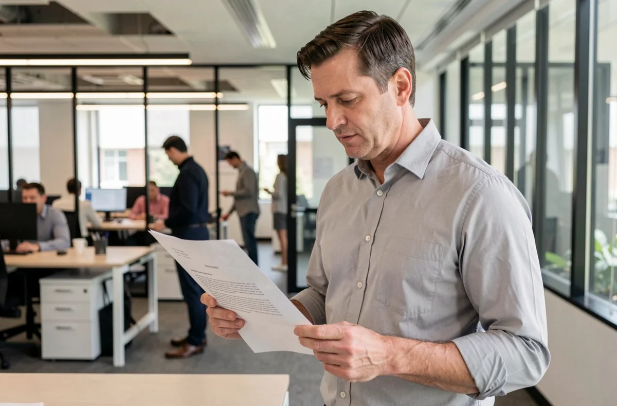 Homme en chemise relisant sa lettre de démission avec préavis dans un bureau moderne
