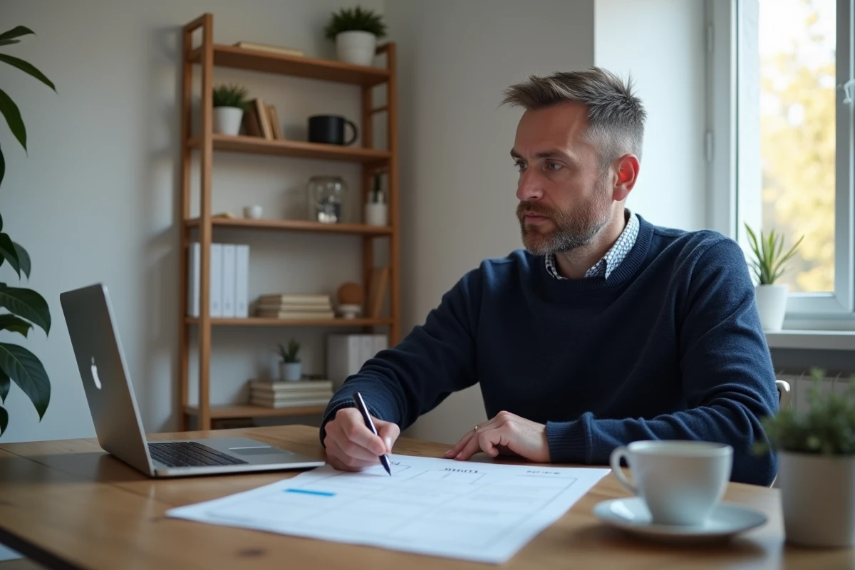 Homme concentré remplissant un modèle d'analyse SWOT imprimé dans un bureau à domicile