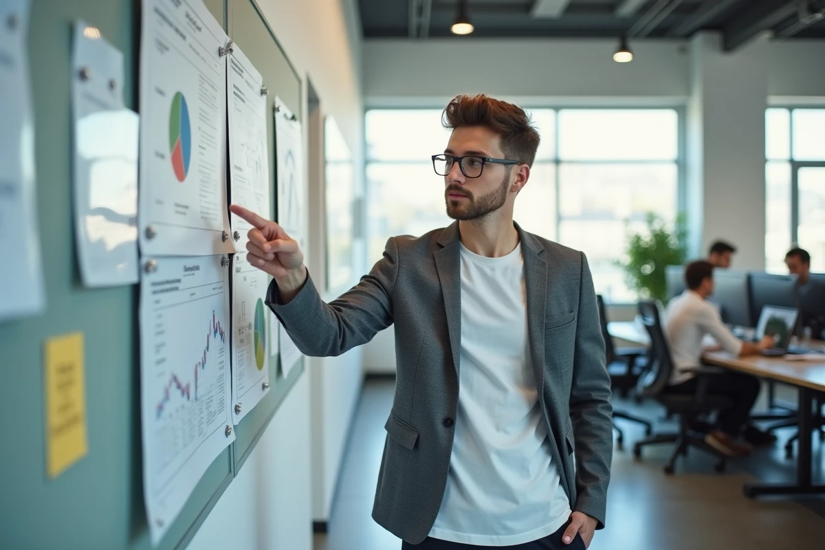 Jeune homme pointant un rapport marketing dans une réunion