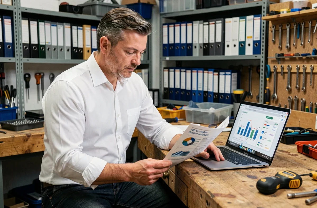 Homme technicien analysant un guide des secteurs professionnels en croissance en 2026 dans un atelier organisé
