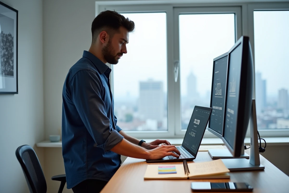 Homme en télétravail utilisant un assistant IA marketing sur ordinateur portable dans un bureau minimaliste à domicile