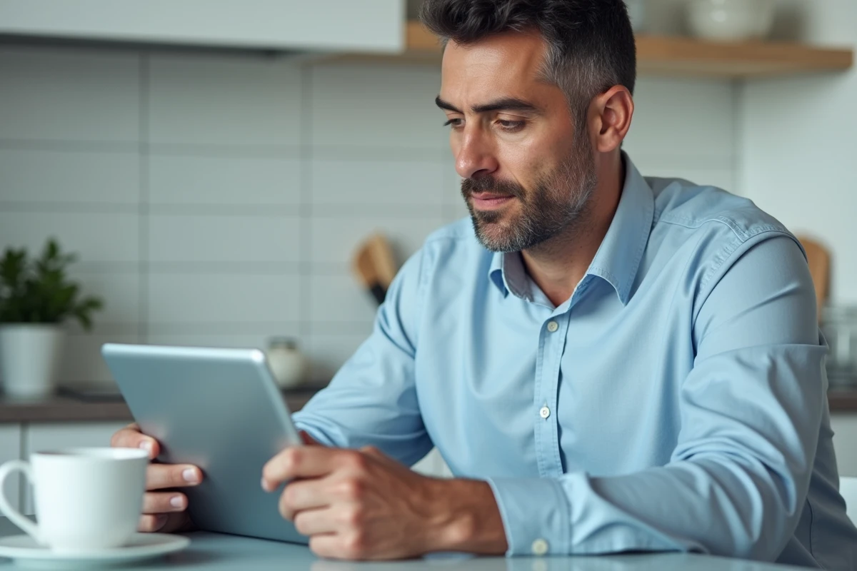 Homme consultant son espace RH en ligne sur une tablette depuis sa cuisine en situation de télétravail