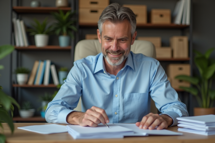 Homme d'âge moyen triant du courrier dans un bureau moderne