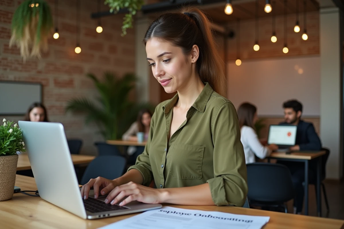 Jeune femme debout dans un espace de coworking consultant un document d'onboarding pour récupérer son identifiant Nibelis