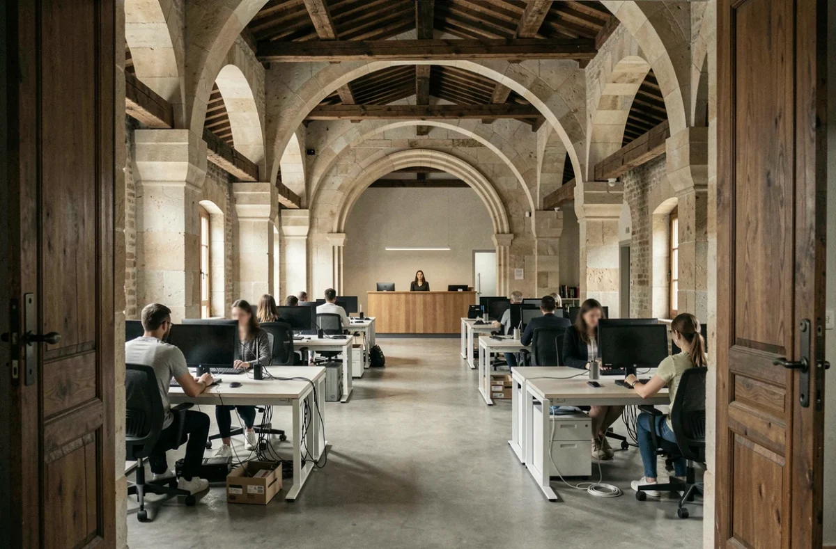 Vue intérieure d'un espace de coworking installé dans un bâtiment historique rénové à Bourges, mêlant architecture ancienne et mobilier contemporain