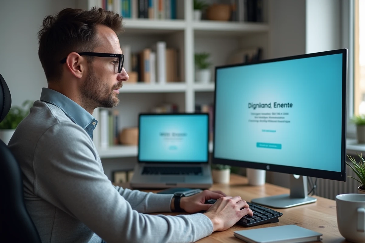 Homme en télétravail lisant une invitation à un événement hybride sur son écran d'ordinateur dans un bureau à domicile épuré