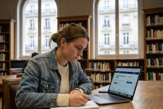 Jeune femme en bibliothèque utilisant un ordinateur portable
