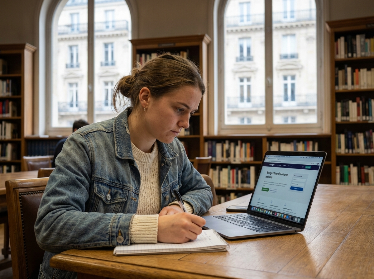 Jeune femme en bibliothèque utilisant un ordinateur portable