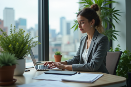 Jeune femme professionnelle au bureau avec ordinateur et plantes