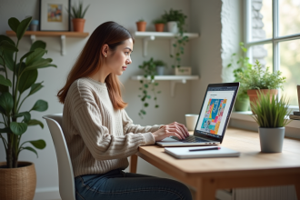 Jeune femme créant un flyer coloré sur son ordinateur dans un bureau lumineux