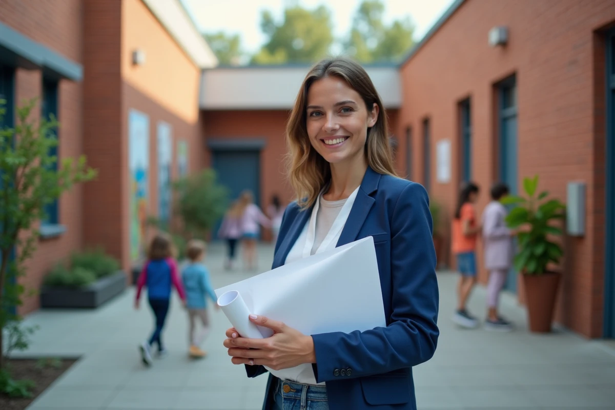 Jeune femme souriante avec affiche dans un centre communautaire rénové