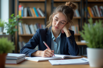 Jeune femme en bureau esquissant des idées dans un carnet