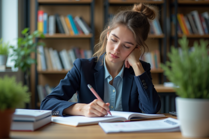 Jeune femme en bureau esquissant des idées dans un carnet