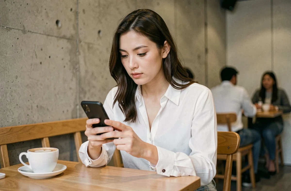 Jeune femme consultant le numéro de téléphone du service client Backmarket sur son smartphone dans un café
