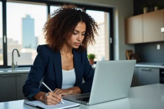 Jeune femme professionnelle en bureau moderne avec ordinateur