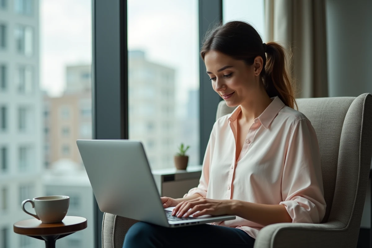 Jeune femme en coworking concentrée sur son ordinateur portable