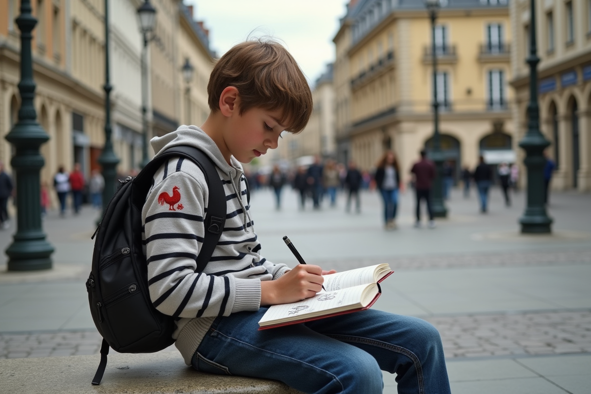 Jeune garçon français dessinant un coq gaulois dans un carnet en ville