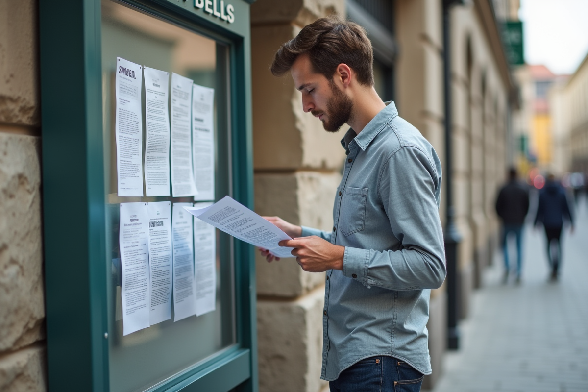 Jeune homme lisant des publications officielles devant un panneau d
