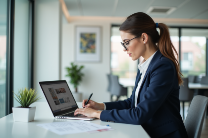 Jeune femme marketing en r&eacute;union dans un bureau moderne