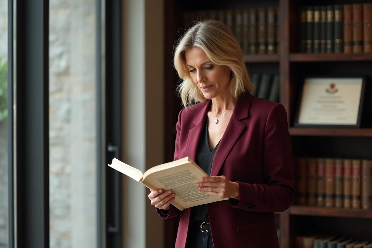 Une juriste consulte un code légal imprimé dans un bureau spécialisé, symbolisant les textes de loi encadrant le statut et la rémunération des apporteurs d'affaires