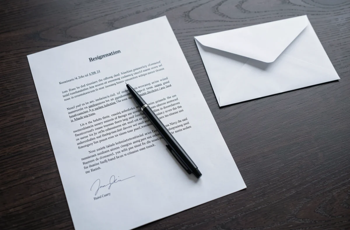 Lettre de démission avec préavis imprimée sur un bureau avec enveloppe prête à envoyer