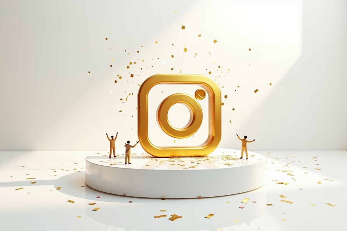 Logo Instagram doré géant dans une galerie lumineuse avec des célébrants