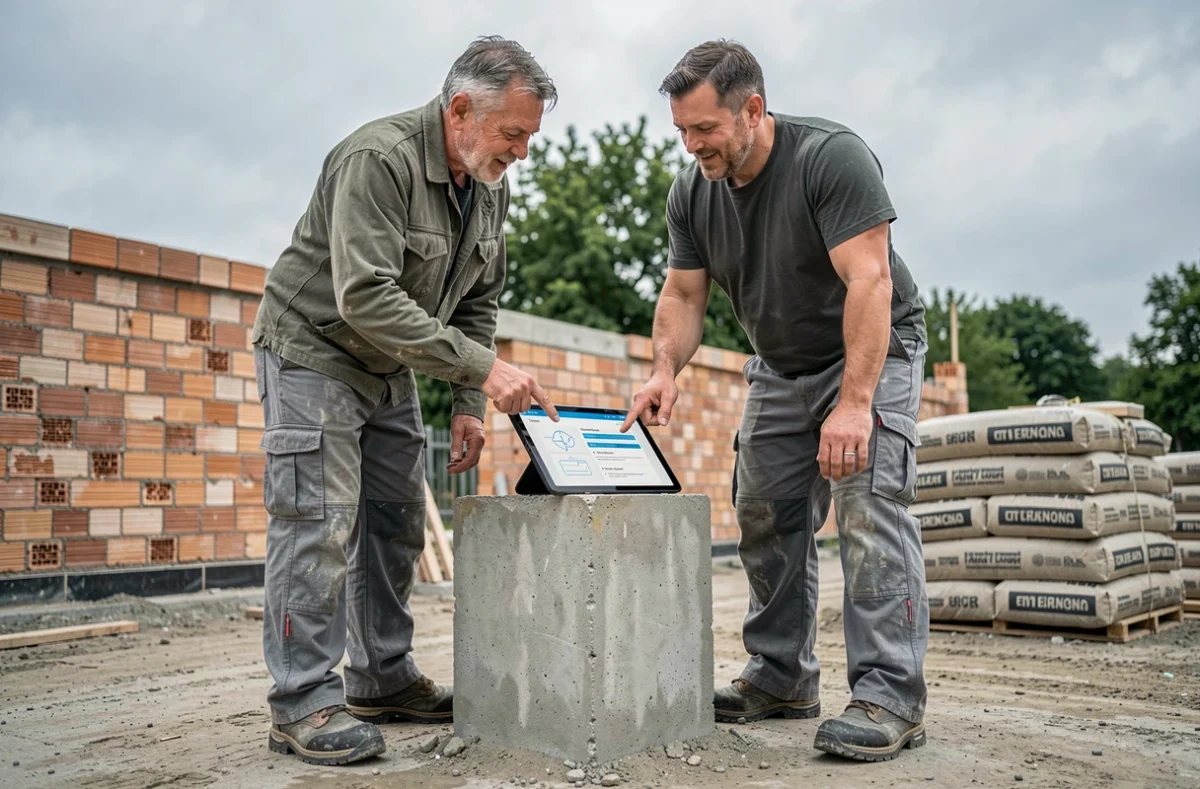 Deux maçons sur un chantier extérieur consultant ensemble une tablette pour compléter leur inscription pas à pas sur Artisan-en-1-clic