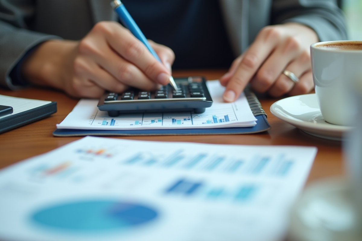 Mains utilisant une calculatrice et prenant des notes sur un bureau