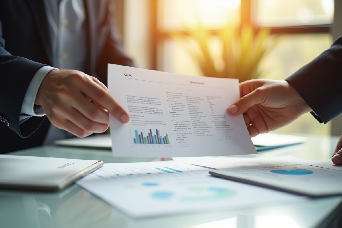 Deux mains échangeant un contrat financier sur un bureau ensoleillé