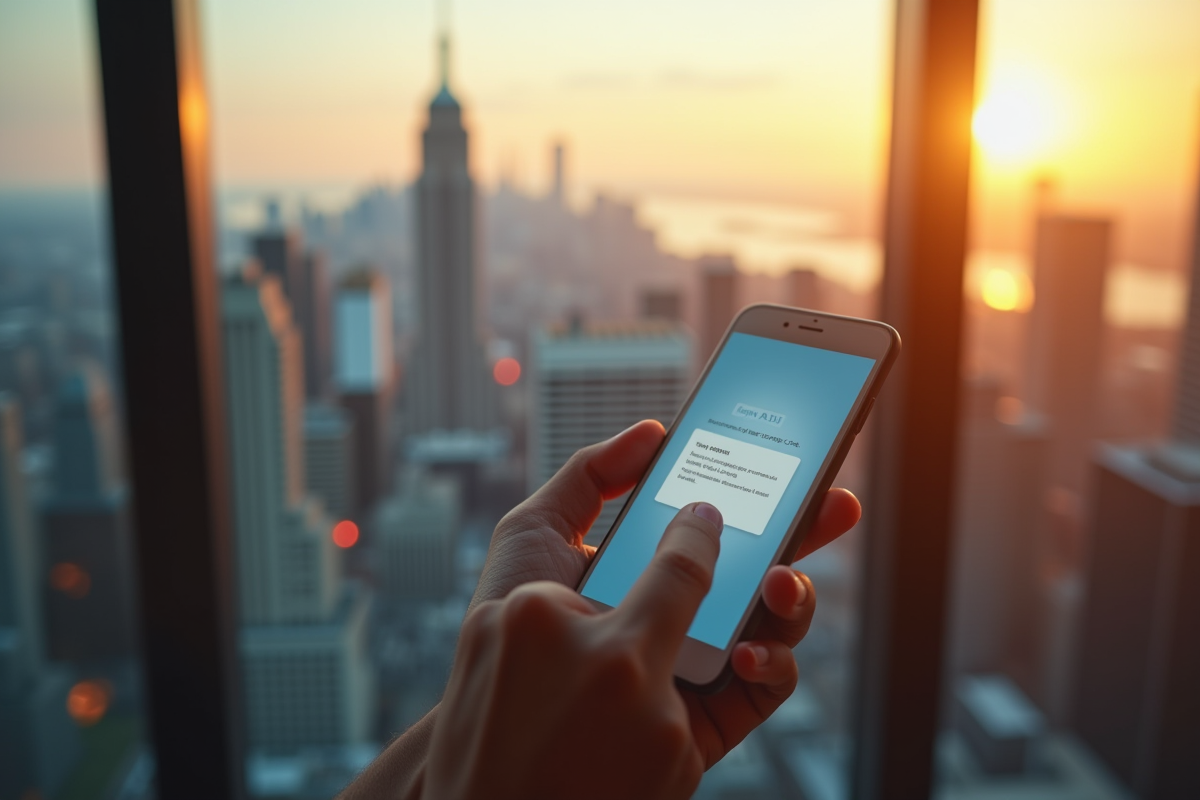 Main tenant smartphone avec message campagne SMS en ville