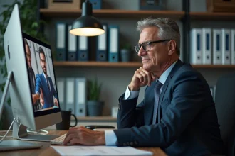 Manager en costume lors d'un appel vidéo en bureau moderne