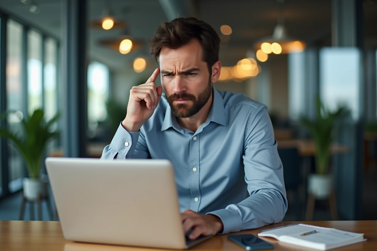 Manager d'âge moyen frustré devant son ordinateur au bureau