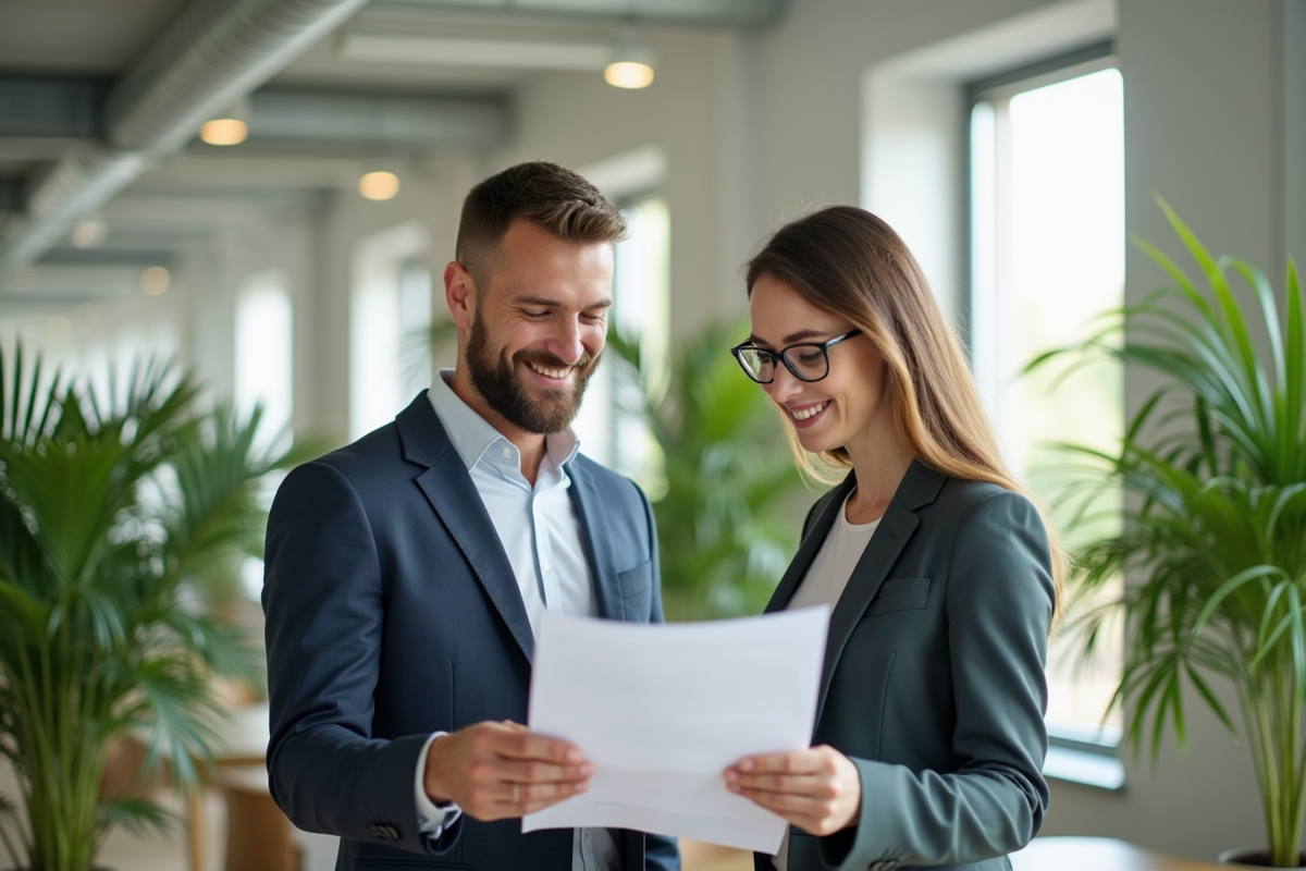 Manager souriant conseillant un employé dans un bureau lumineux