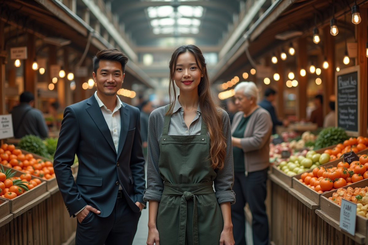 Groupe dans un marché animé avec étals et clients en arrière-plan