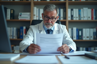 Médecin français en blouse blanche examinant des documents