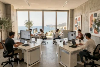 Bureau d'agence digitale moderne à Nice avec vue sur la Méditerranée et équipe travaillant sur des projets de création de sites internet