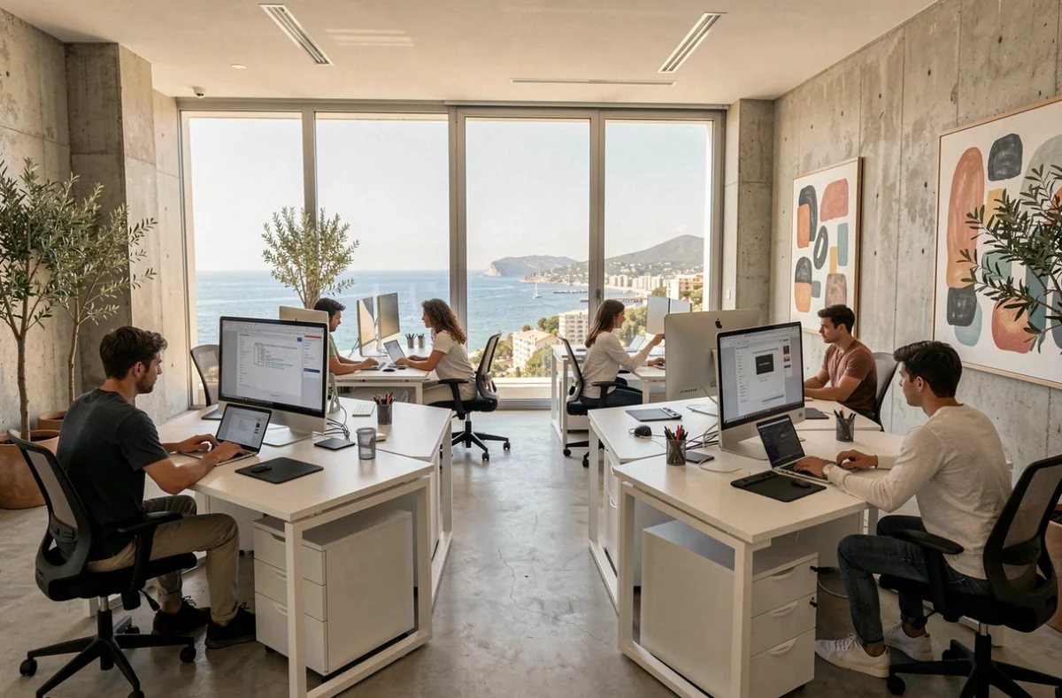 Bureau d'agence digitale moderne à Nice avec vue sur la Méditerranée et équipe travaillant sur des projets de création de sites internet