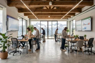 Agence SEO en Haute-Savoie avec vue sur les montagnes alpines et équipe digitale au travail